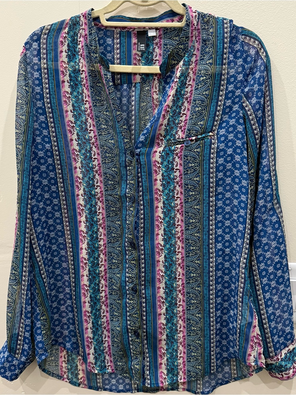KUT from the Kloth blue multi-pattern semi-sheer long-sleeve button-up blouse M